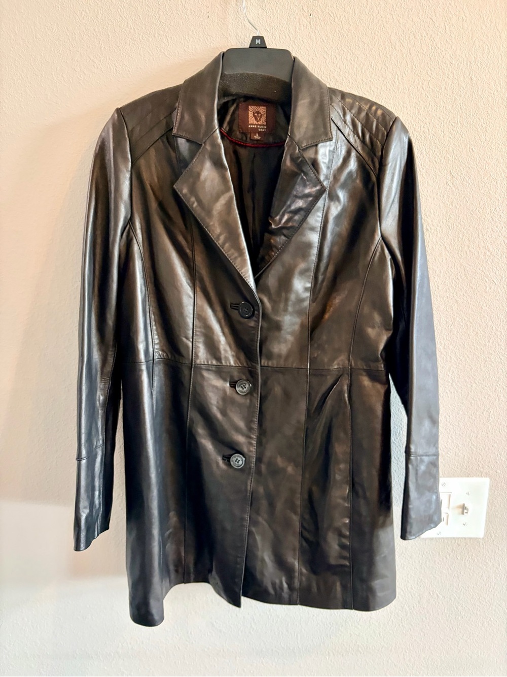 Anne Klein Black Leather Button-Front Pea Coat Large